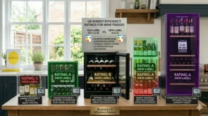 Infographic detailing UK energy efficiency ratings for wine fridges, comparing older labels with the new A-to-G rating scales, highlighting key factors such as annual kilowatt-hour consumption, inverter compressors, and improved insulation.