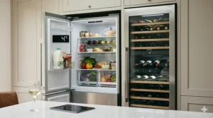 Graphic showing temperature zone differences between a normal fridge at 4C and a dual-zone wine fridge set for red and white wines.