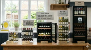 Visual layout comparing various wine fridge sizes, with models ranging from small twelve-bottle and twenty-four-bottle compact counters up to large freestanding appliances capable of storing fifty, one hundred, and over two hundred bottles for long-term cellaring.