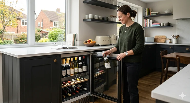 A modern wine fridge in a kitchen, illustrating the typical electricity cost for wine storage.