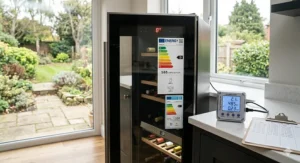Close-up of an energy efficiency label on a wine cooler to check annual kWh usage.