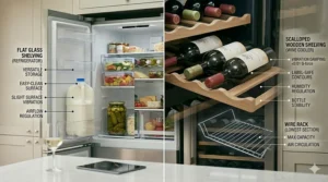 Close-up illustration of contoured wooden shelves in a wine fridge cradling Bordeaux bottles, compared to flat glass shelves in a normal fridge.