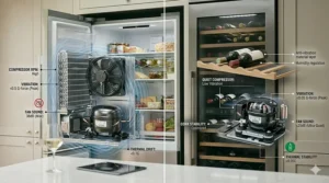 Diagram explaining how a normal fridge compressor creates micro-vibrations, while a wine fridge uses vibration-damping technology to protect sediment.