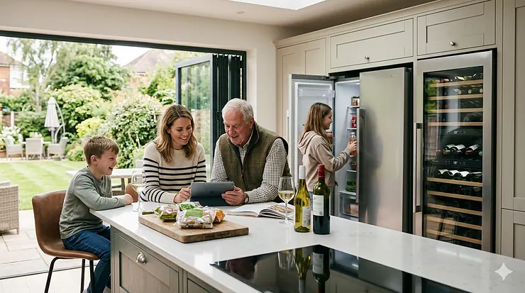 Sleek modern kitchen featuring a dedicated wine fridge side-by-side with a standard normal fridge, highlighting the styling differences. wine fridge vs normal fridge