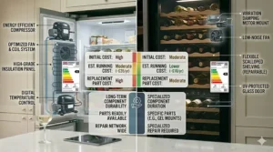 Graphical comparison of UK energy rating labels and running costs for a wine fridge versus a standard household refrigerator.