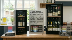 Reference graphic explaining the distinction between cellaring temperatures and optimal serving temperatures, listing precise ranges for Bordeaux reds, crisp white wines like Sancerre, and chilled Champagnes.