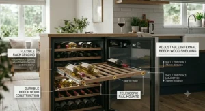 Detailed view of adjustable beech wood shelves inside a freestanding wine fridge.
