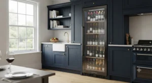 Wine fridge with 100 bottle capacity featuring UV-protected glass to protect fine wines