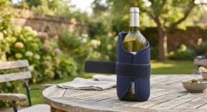 Adjustable wine bottle cooler sleeve fitted snugly around a standard 750ml wine bottle