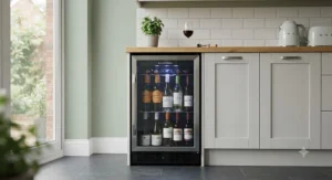 An affordable under-counter wine fridge under £200 with a glass door and internal lighting.