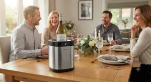 A sleek electric wine cooler displayed on a dining table during a dinner party in a British home.