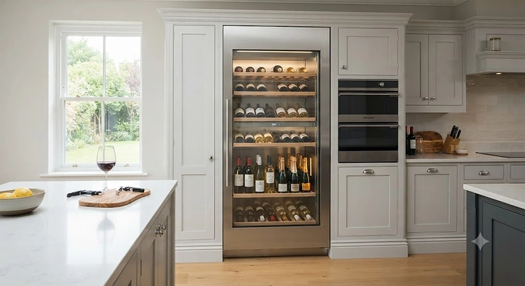 A sleek, stainless steel large wine fridge integrated into a modern British kitchen cabinet setup. best large wine fridge