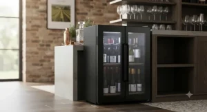 A stylish black small wine fridge with a glass door displaying chilled wine, ideal for a contemporary home bar area.