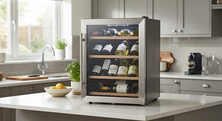 A sleek, compact stainless steel wine fridge placed neatly on a modern kitchen countertop, holding a collection of wine bottles.