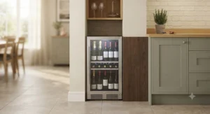 A narrow small wine fridge fit into a tight alcove space, demonstrating effective space-saving storage for wine.