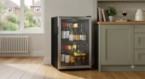 A high-quality budget wine fridge under £200 displaying a selection of red and white wine bottles.
