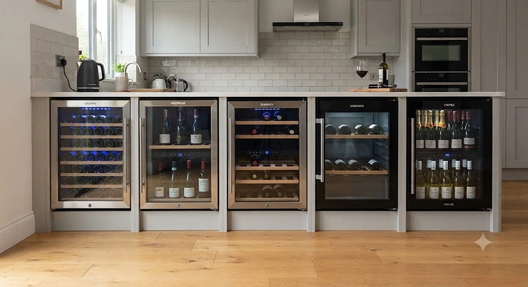 A selection of top wine fridge brands displayed side by side in a modern British kitchen
