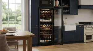 Stylish black finish wine cooler with wooden shelves and a 100 bottle capacity