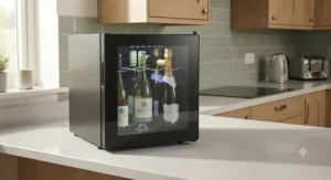 A sleek black glass door countertop wine cooler illuminated by a soft interior LED light.