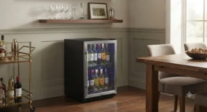 A stylish black freestanding wine fridge available for under £100, perfectly suited for a home bar or dining area.