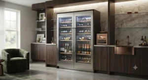 A built-in large wine fridge unit installed as a statement piece in a contemporary home bar area.