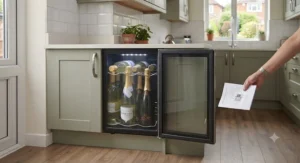 Integrated under-counter mini wine cooler fitted seamlessly beneath kitchen cabinets
