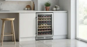 An under-counter integrated wine fridge installed beneath a kitchen worktop, optimising small kitchen space.