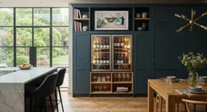 A built-in wine fridge installed as a focal point in a contemporary British kitchen dining space.