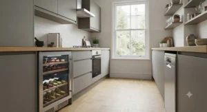 A space-saving built-in wine fridge installed in a galley-style kitchen for better organisation.