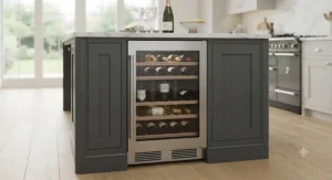 A stylish built-in wine fridge with a stainless steel frame fitted flush into a kitchen island.