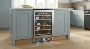Illustration showing how a built-in wine fridge vents from the front, suitable for installing under a kitchen worktop.
