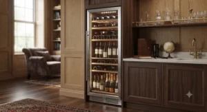 Tall column built-in wine cooler from a premium brand showcasing wooden shelving and soft LED lighting