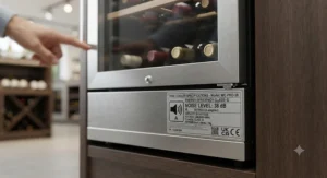 Close-up of a product label showing the decibel rating on a wine fridge for shoppers