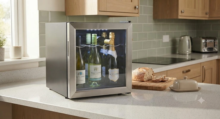 A compact countertop wine cooler holding chilled bottles on a modern British kitchen worktop.