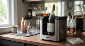A compact electric wine bottle chiller set up in a home bar area, ready to serve chilled rosé wine.