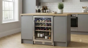 A close-up view of a compact wine cooler perfect for small kitchen design and entertaining at home.