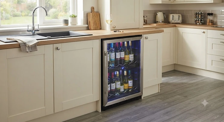 A sleek, compact wine fridge positioned under a kitchen counter, ideal for budget-conscious buyers looking for a wine cooler under £100.
