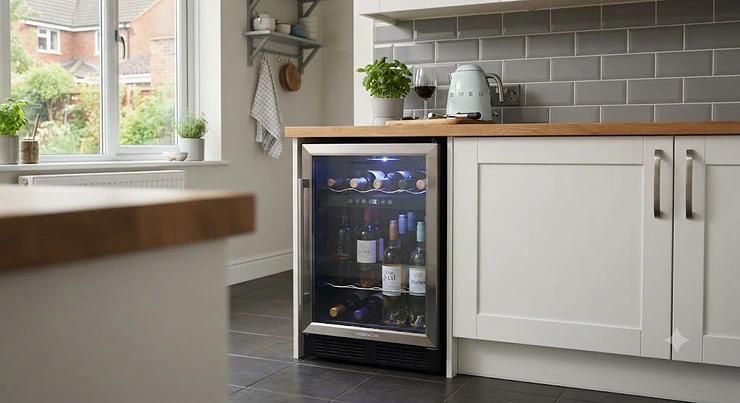 A sleek compact wine fridge under £200 suitable for small British kitchen spaces.