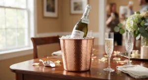 A stylish copper-finish tabletop wine bucket displaying a chilled bottle of prosecco for a celebration.
