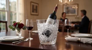 A premium crystal glass tabletop wine cooler filled with ice and a fine bottle of red wine.