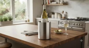 A modern double-walled insulated tabletop wine chiller sitting on a wooden kitchen island.