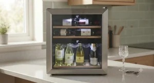 A dual-zone countertop wine cooler storing both red and white wine bottles at optimal temperatures.