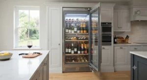 Dual-zone large wine fridge showing red and white wine bottles stored at optimal temperatures.