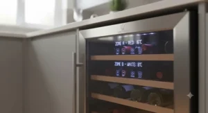 Close-up of a dual-zone wine fridge digital temperature control panel showing red and white wine settings