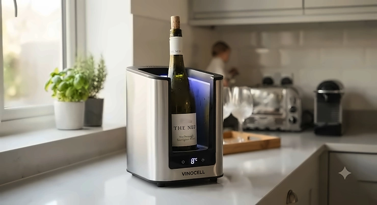 An electric wine bottle chiller sitting neatly on a modern kitchen worktop, keeping a crisp white wine at the ideal temperature.