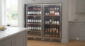 An energy-efficient large wine fridge with LED interior lighting highlighting a diverse wine collection.