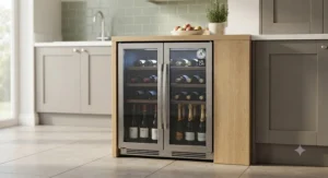 An energy-efficient small wine fridge featuring internal LED lighting, designed for low energy consumption in British households.