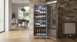 A freestanding Liebherr wine fridge perfectly chilled and stocked with a selection of fine wines.