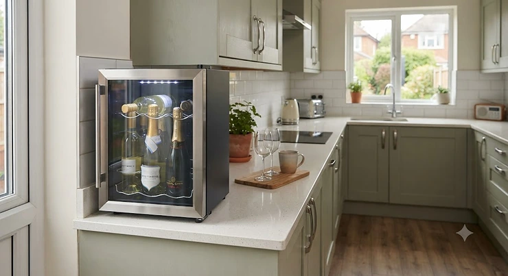 A sleek freestanding mini wine cooler neatly positioned on a countertop in a modern British kitchen