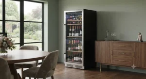 A large capacity freestanding professional wine fridge placed in a contemporary dining room
